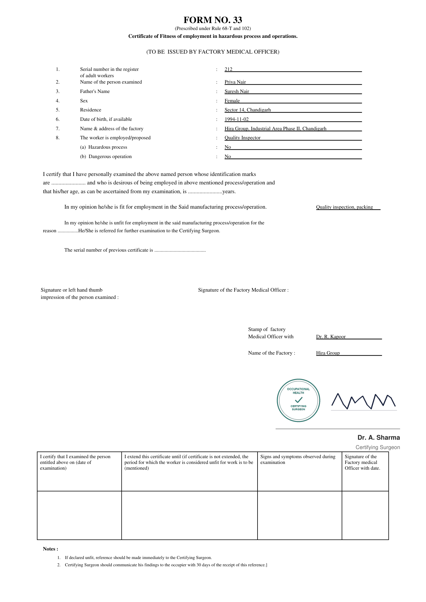 Sample Form 33: Health Record Card PDF output
