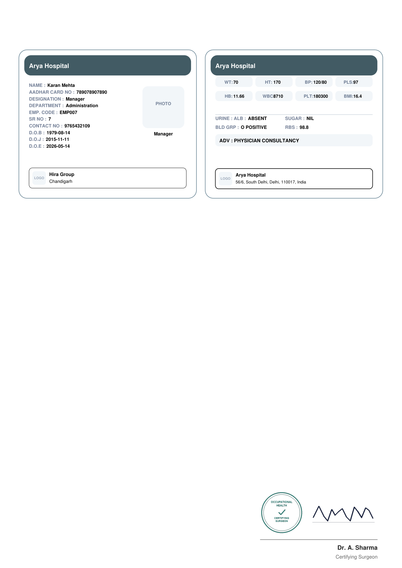 Sample Health Cards: Employee Health Card PDF output